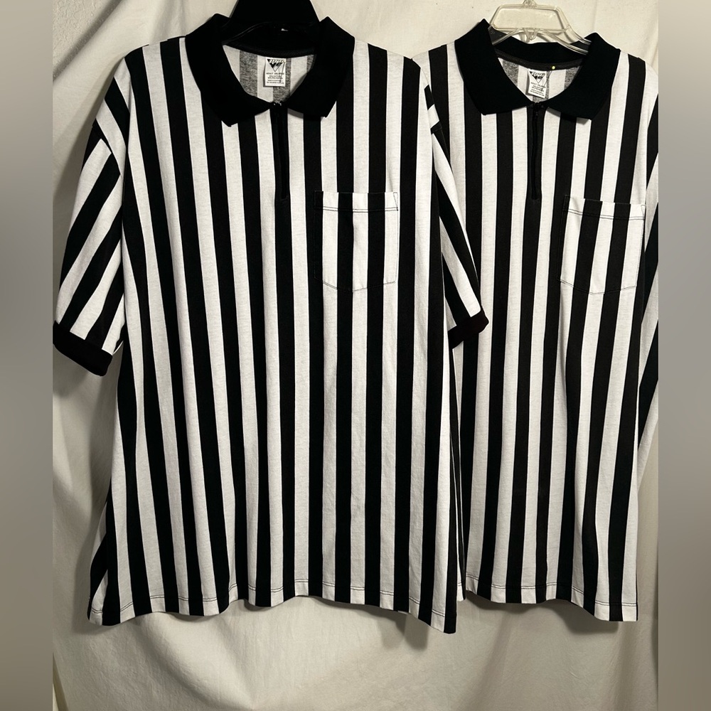 LOT OF 2 MENS 2XL XXL BLACK WHITE STRIPE UMPIRE REFEREE POLO SHIRTS